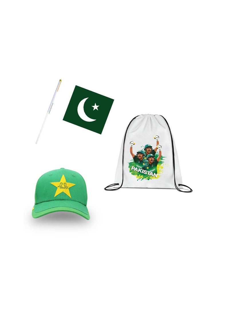 Pakistan Cricket Sports Fans Set - Pack of 3 Combo - Embroidered Cap, Drawstring Bag, and Hand Flag - Ideal for Matches, Events, and Everyday Use - Perfect for Sports Fans