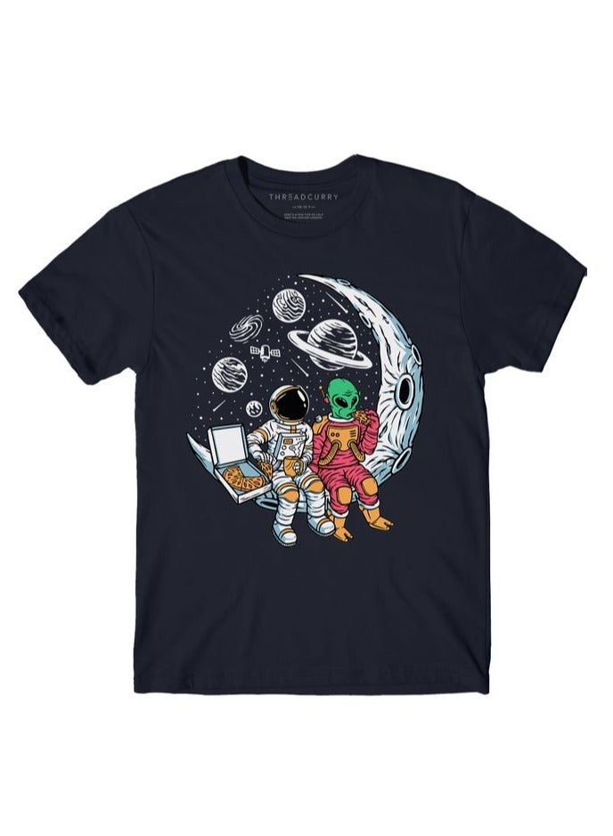 THREADCURRY Pizza Space Astronaut Boys Navy Blue Printed Round Neck T-shirt