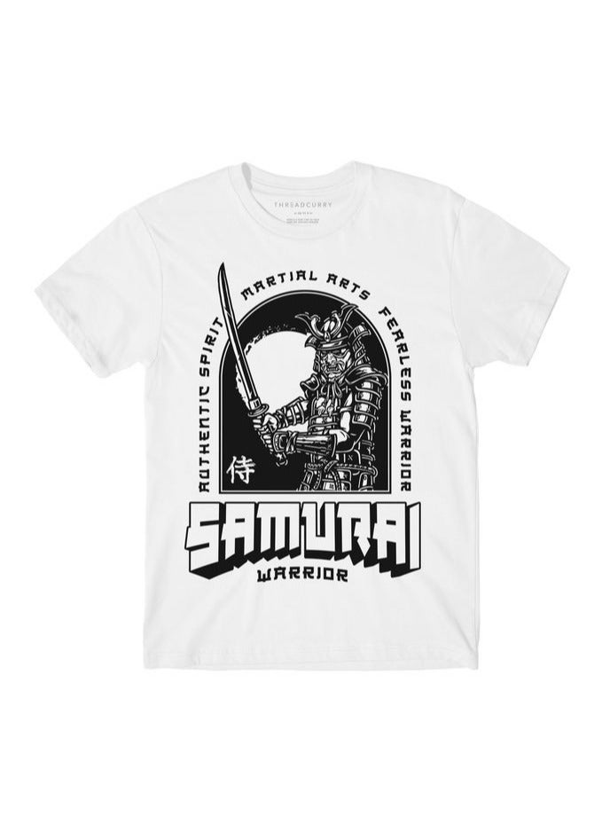 THREADCURRY Samurai Boys White Printed Round Neck T-shirt
