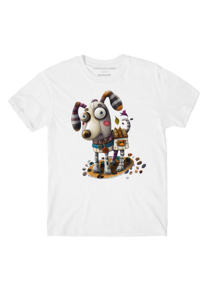 THREADCURRY Fantasy Dog Fantasy Boys White Printed Round Neck T-shirt
