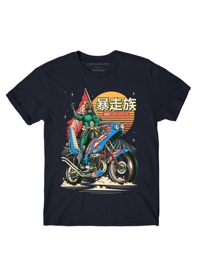 THREADCURRY Hell Rider Biker Boys Navy Blue Printed Round Neck T-shirt