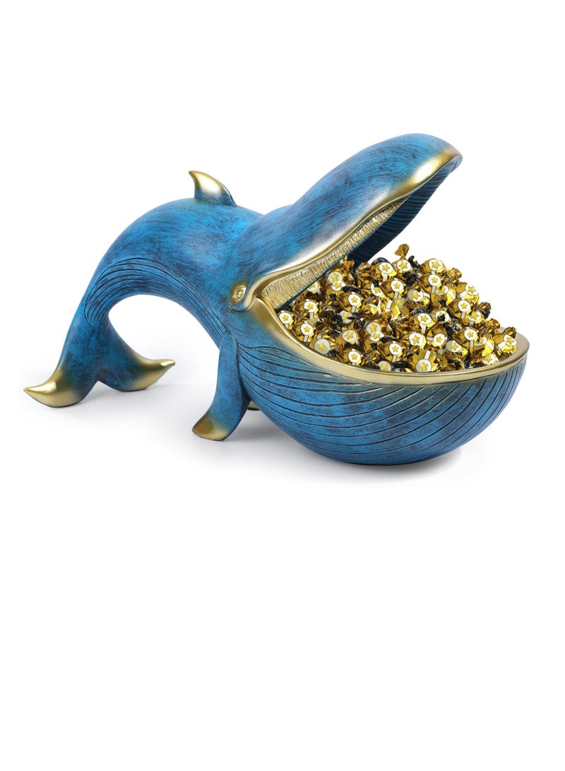 Whale Statue Candy Bowl, Resin Whale Figurine Fun Key Bowl, Key Bowl for Entryway Table, Big Mouth Sculpture, Table Art Gifts Decoration, Sundries Container Storage Box, Bronze Blue
