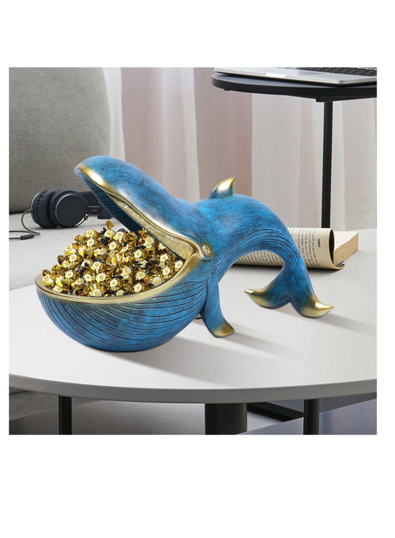 Whale Statue Candy Bowl, Resin Whale Figurine Fun Key Bowl, Key Bowl for Entryway Table, Big Mouth Sculpture, Table Art Gifts Decoration, Sundries Container Storage Box, Bronze Blue