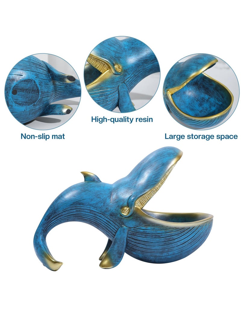 Whale Statue Candy Bowl, Resin Whale Figurine Fun Key Bowl, Key Bowl for Entryway Table, Big Mouth Sculpture, Table Art Gifts Decoration, Sundries Container Storage Box, Bronze Blue