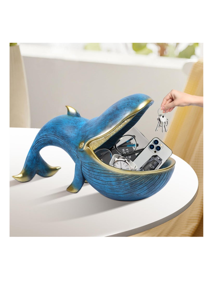 Whale Statue Candy Bowl, Resin Whale Figurine Fun Key Bowl, Key Bowl for Entryway Table, Big Mouth Sculpture, Table Art Gifts Decoration, Sundries Container Storage Box, Bronze Blue