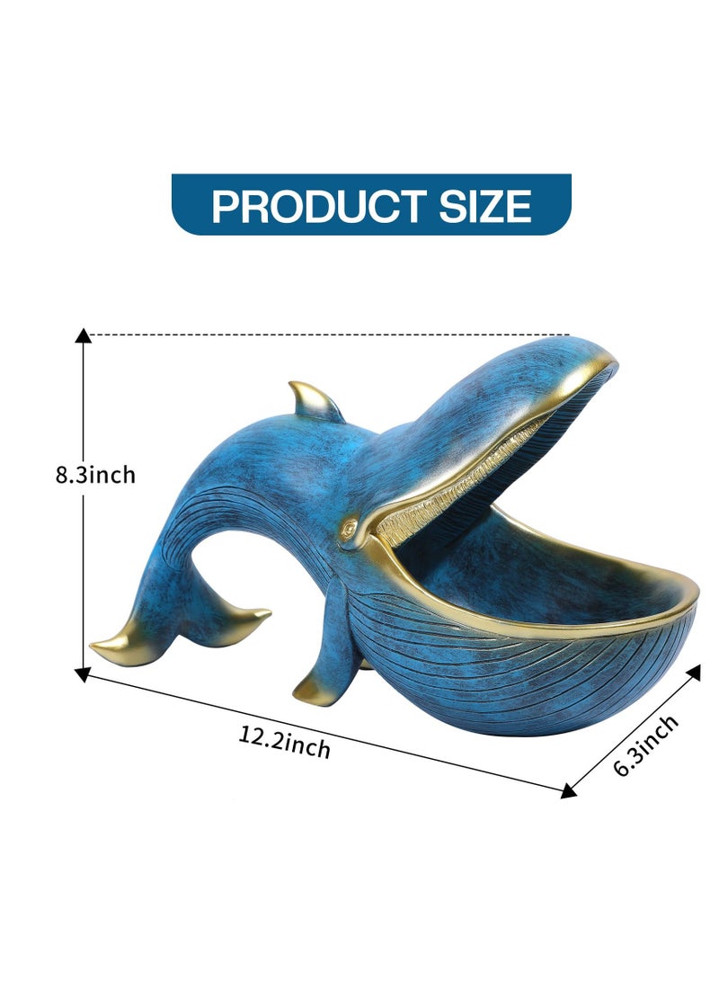 Whale Statue Candy Bowl, Resin Whale Figurine Fun Key Bowl, Key Bowl for Entryway Table, Big Mouth Sculpture, Table Art Gifts Decoration, Sundries Container Storage Box, Bronze Blue