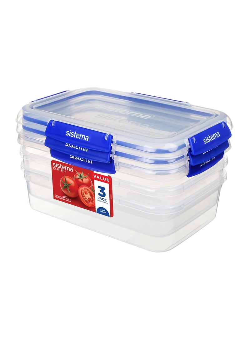 Sistema 2.2 Liter Klip it Rectangular stackable Food Container Pack of 3, built with leak proof seal + easy locking clips, is Microwave, dishwasher safe and Phthlate & BPA Free.