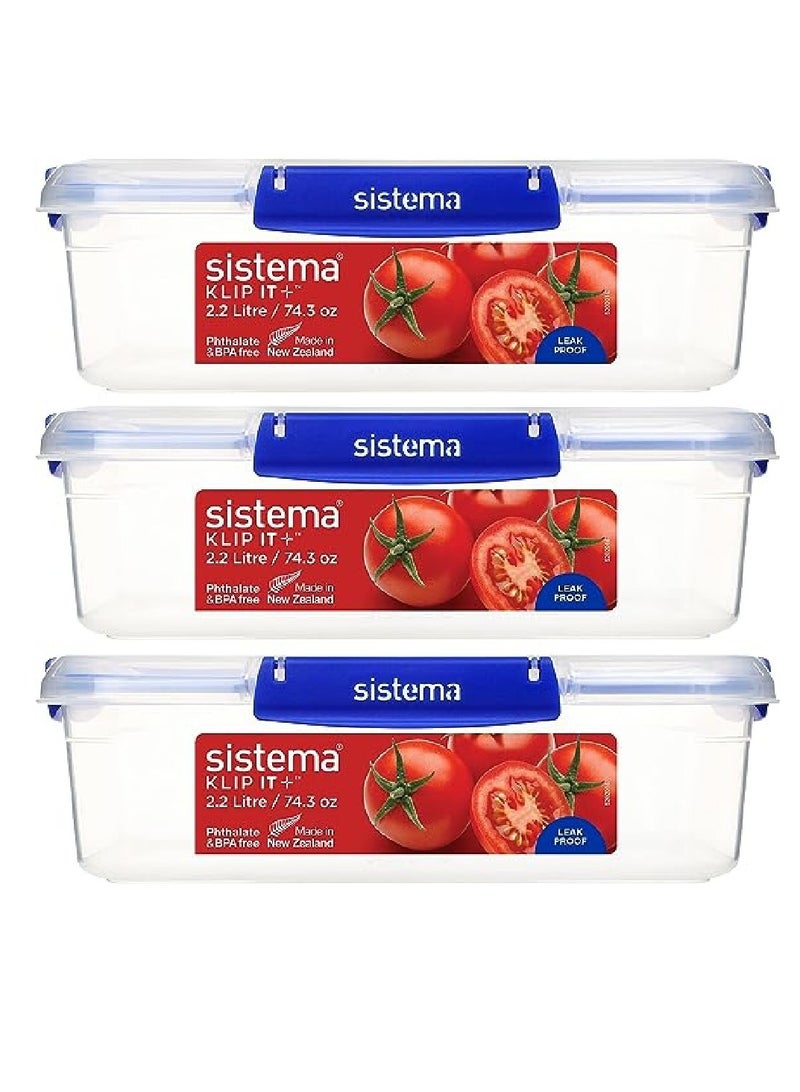 Sistema 2.2 Liter Klip it Rectangular stackable Food Container Pack of 3, built with leak proof seal + easy locking clips, is Microwave, dishwasher safe and Phthlate & BPA Free.
