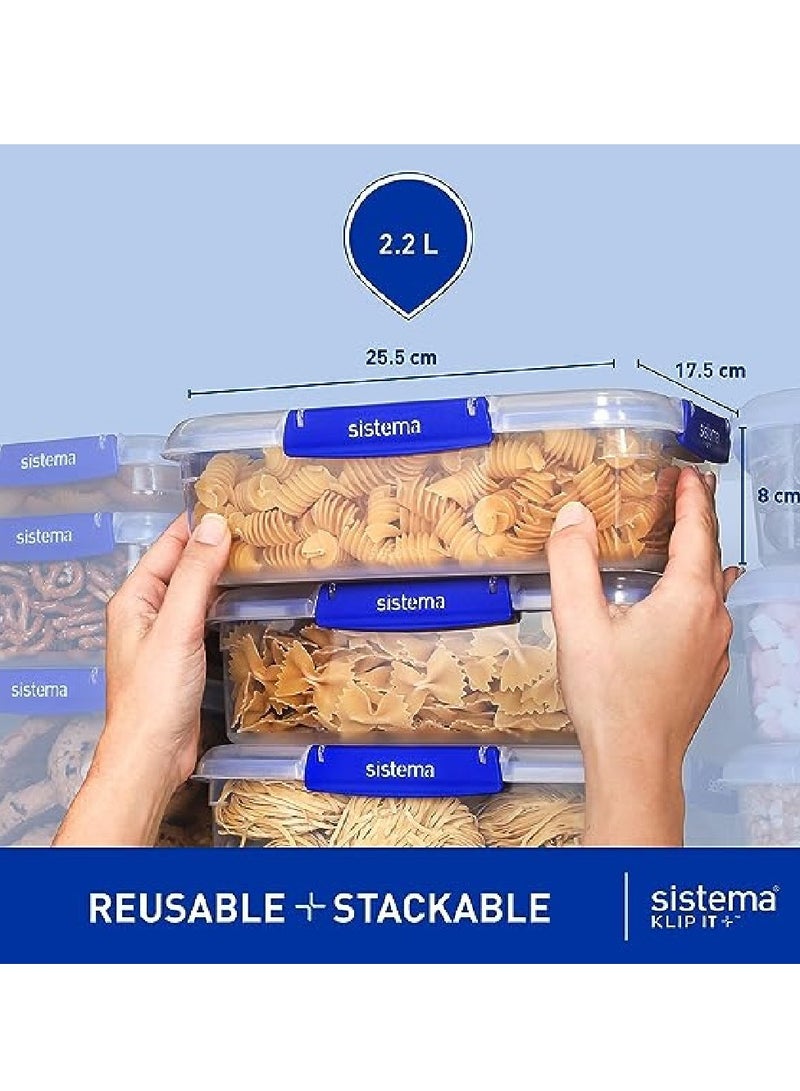 Sistema 2.2 Liter Klip it Rectangular stackable Food Container Pack of 3, built with leak proof seal + easy locking clips, is Microwave, dishwasher safe and Phthlate & BPA Free.