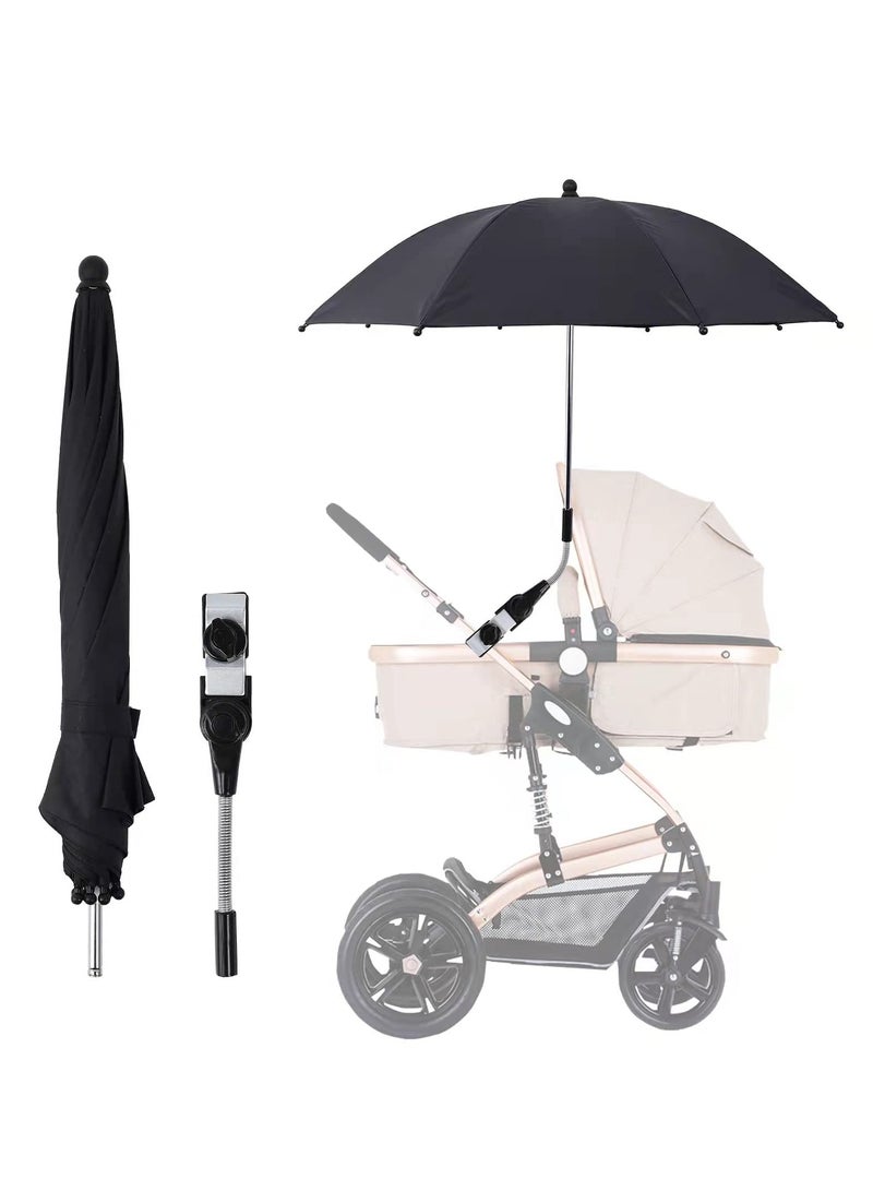 Baby Stroller Parasol, 75 cm Sunshade with Clip Universal Stroller UV Protection Umbrella 50+ Adjustable 360 Degree Waterproof Umbrella for Strollers, Strollers, Wheelchairs, Beach Chair - Black