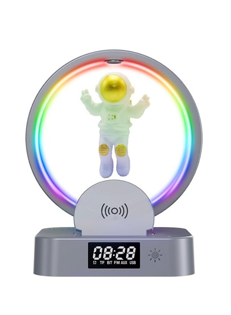 Alarm Clock with Wireless Charging Astronaut Decorative Bluetooth Speaker 3 in 1 Dimmable Night Light with Alarm 15W Fast Wireless Charger Mood Light with 4 Light Color Modes