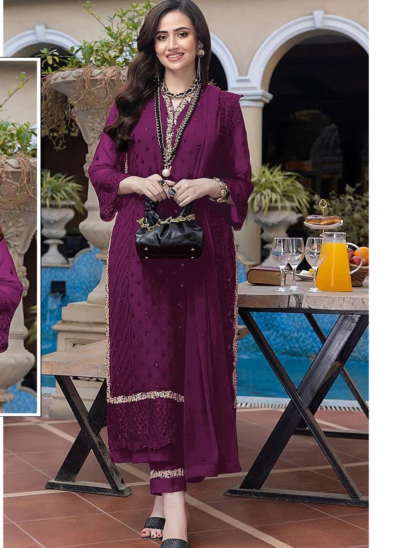 Women's Wedding Designer Work Semi Stitched Purple Pakistani Dress