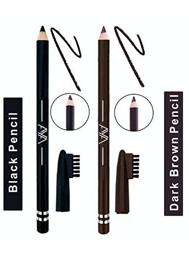 Waterproof Eyebrow Pencil With Brush Set Of 2 (Black Dark Brown) ; Smudge Proof Eyebrow Definer Pencil ; Shade Black And Dark Brown 1.4G+1.4G