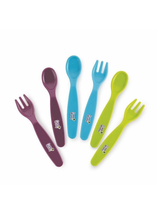 Easigrip Selffeeding Plastic Spoons And Forks Set. Suitable For Training Toddlers. Cutlery For 6 Months + Babies. Pack Of 3. (Blue Green And Violet). Made Of Food Grade 100% Bpa Free.