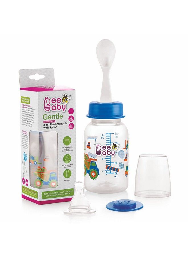 Gentle 2 In 1 Slim Neck Baby Feeding Bottle With Gentle Touch Anticolic Silicone Nipple & (Plastic) Feeder Spoon 4 Months + (Blue 125 Ml).