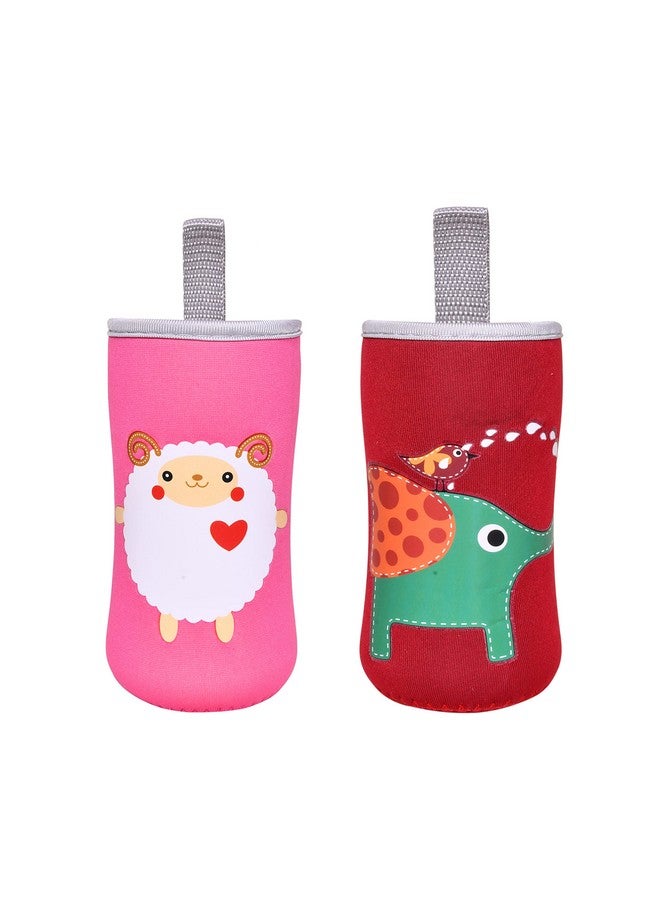 ? Cute Animated Patterned Soft Stretchable Baby Feeding Bottle Cover With Easy To Hold Strap For 120Ml 150Ml 240Ml (Sheep & Elephant Pack Of 2)