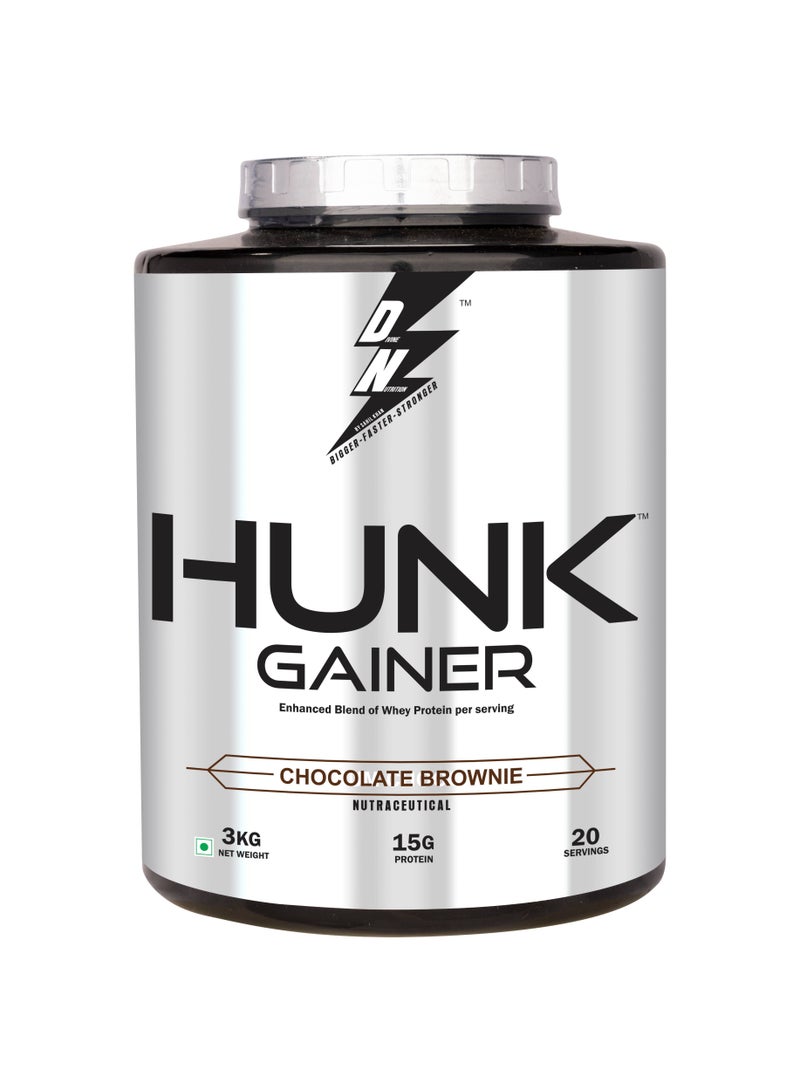 Hunk Gainer Chocolate Brownie 3Kg with 115g Carbs & 15g High Protein Gainer Powder with 3g Creatine Monohydrate Build & Improves Muscle Growth and Strength 20 Servings