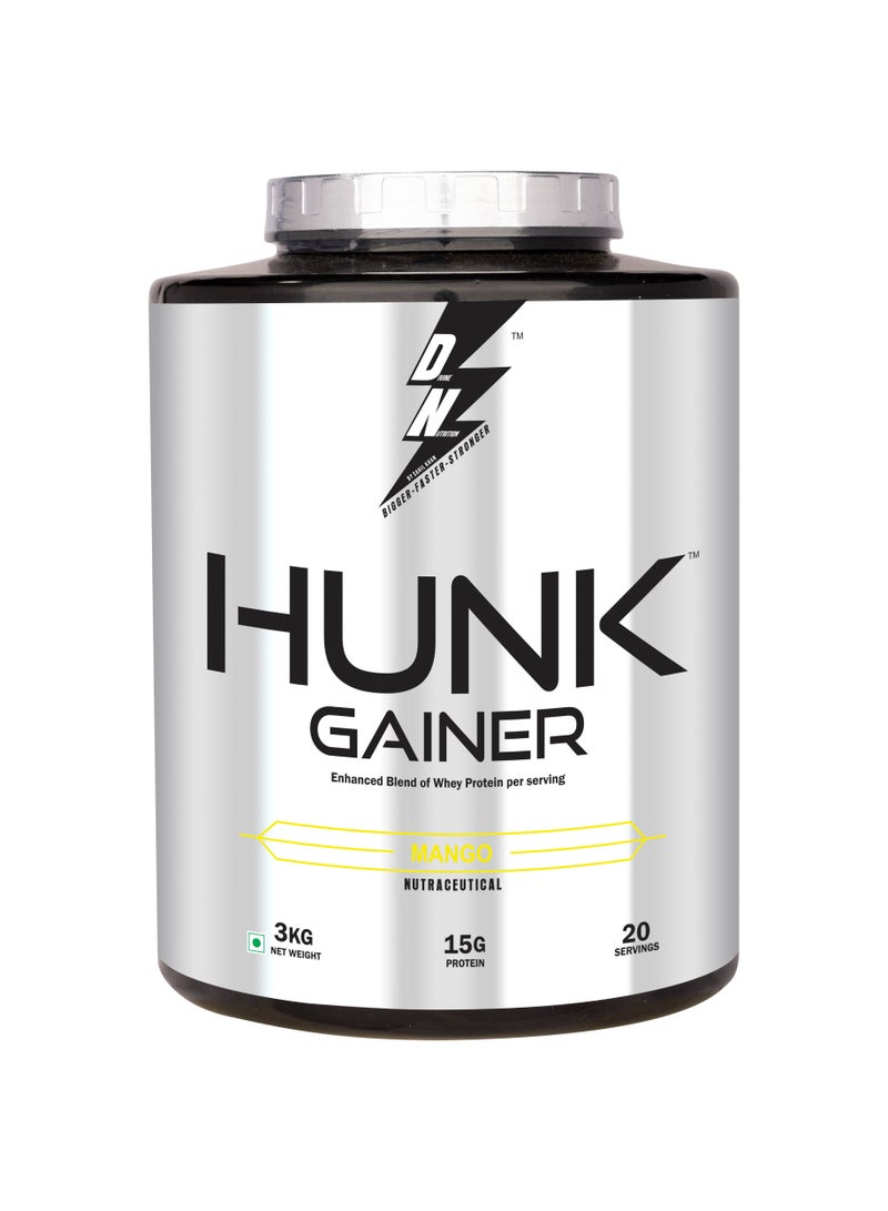 Hunk Gainer Mango 3Kg with 115g Carbs & 15g High Protein Gainer Powder with 3g Creatine Monohydrate Build & Improves Muscle Growth and Strength 20 Servings