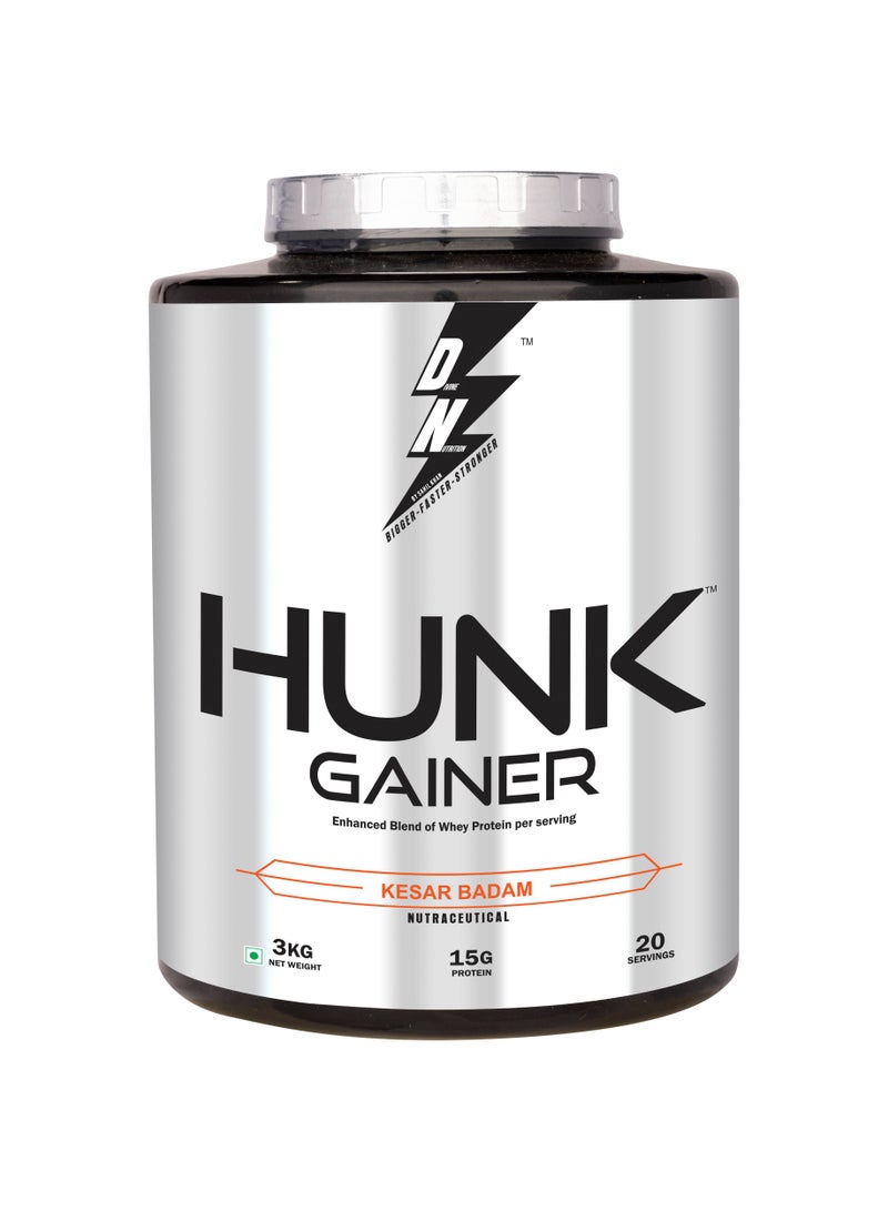 Hunk Gainer Kesar Badam 3Kg with 115g Carbs & 15g High Protein Gainer Powder with 3g Creatine Monohydrate Build & Improves Muscle Growth and Strength 20 Servings