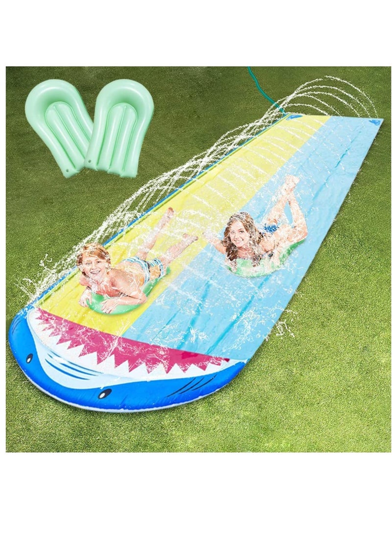 Double Lane Slip with 2 Bodyboards, Inflatable Lawn Water Slides Summer Toy with Build in Sprinkler for Kids Adults Garden Backyard and Outdoor Waterslide Toy Play 15.7ft x 55in