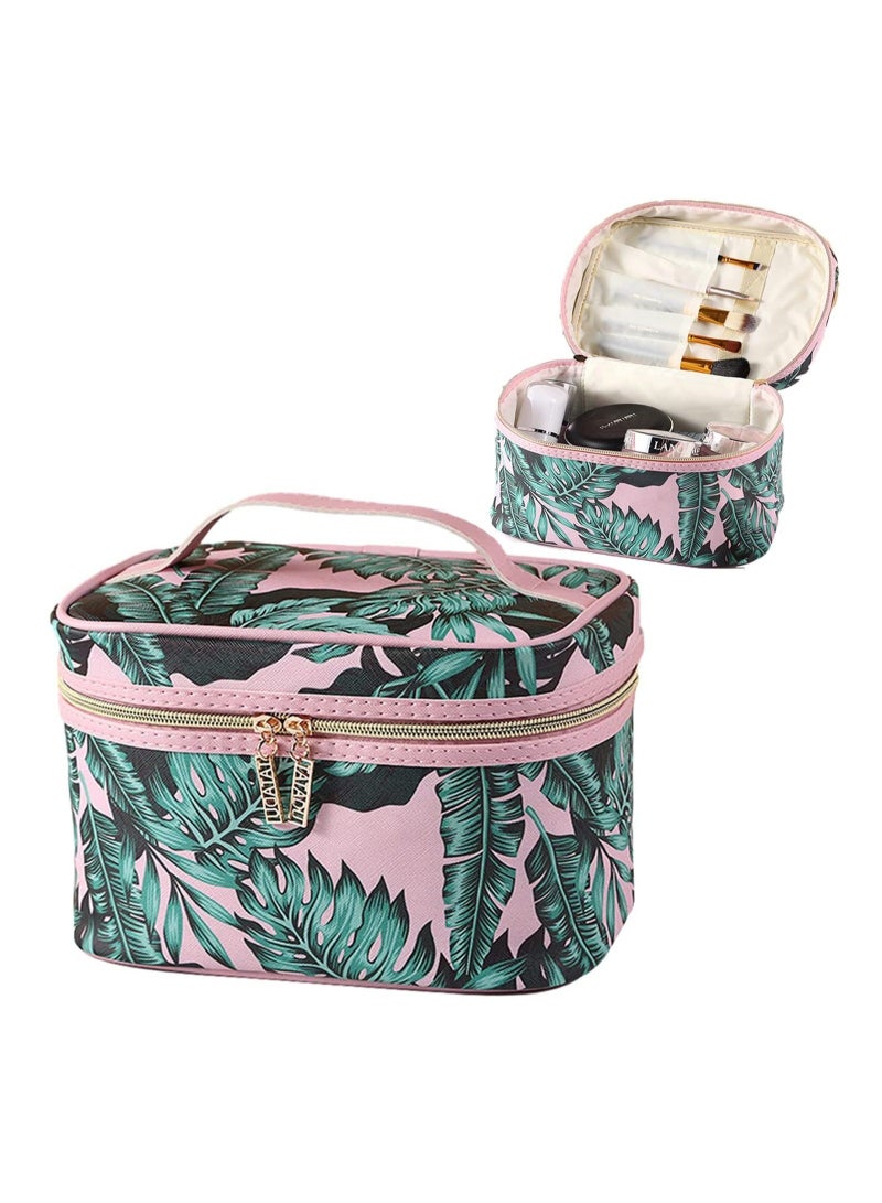 Makeup Bag Large Makeup Bag for Women Waterproof Organizer Case with Toiletry Bags Green Leaf Print Cosmetic Bags With Makeup Brush Holder Travel Toiletry Storage Bag (Pink)