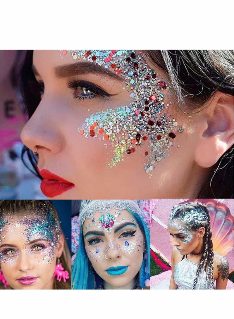 2pcs Body Glitter Mermaid Sequins Liquid Holographic Gel Chunky Face Eye Lip Hair Nail Festival Makeup Sparkling for Women White Gold