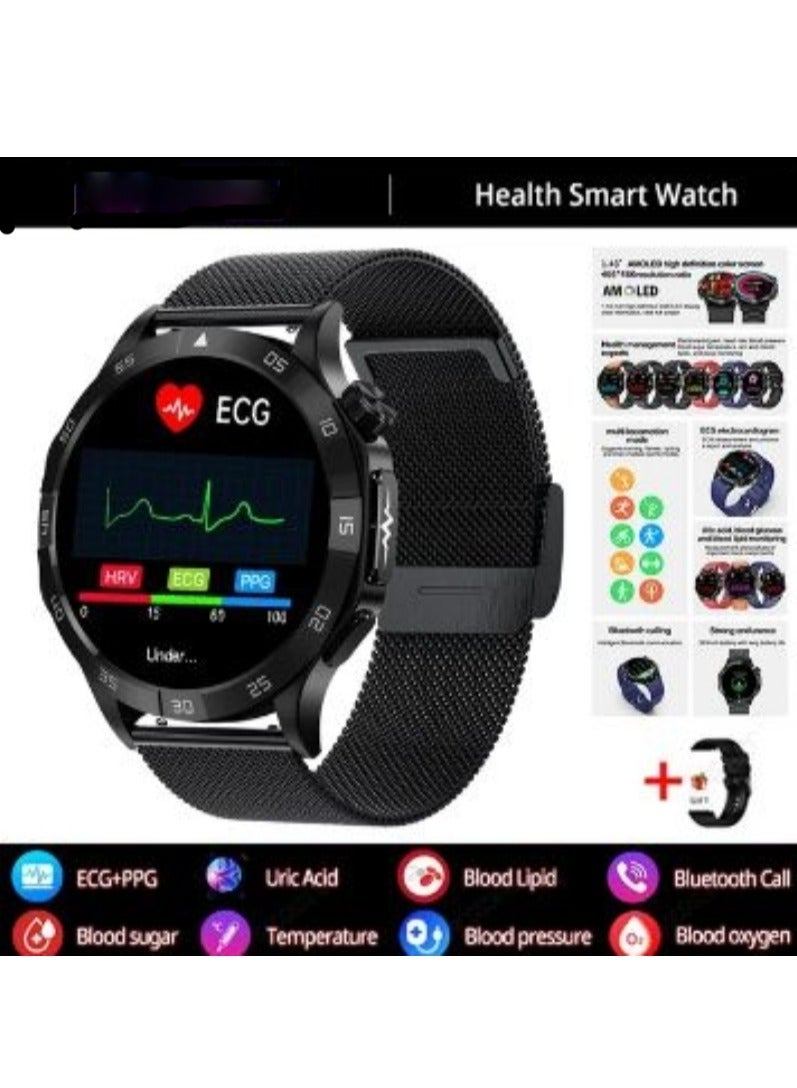 Blood Sugar 1.43 Inch Smart Watch AMOLED Display Blood Lipid Uric Acid Health Monitor Sport Watch Smart ECG+PPG HD Bluetooth Call AI Voice Smartwatch SOS (MeshBelt With 1 Extra Strap)