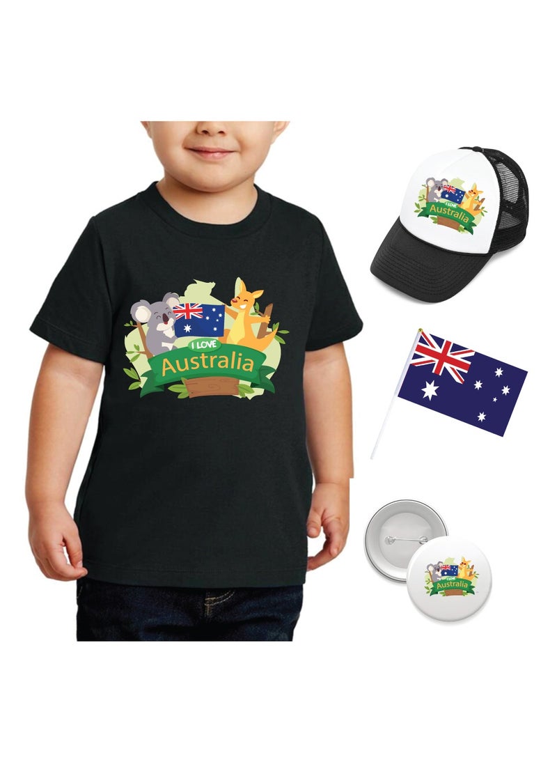 Australia Day Gift Set for Boys - T-Shirt - Cap - Badge and Flag Set - Celebrate Australia Day with this Kids Combo Pack in Style