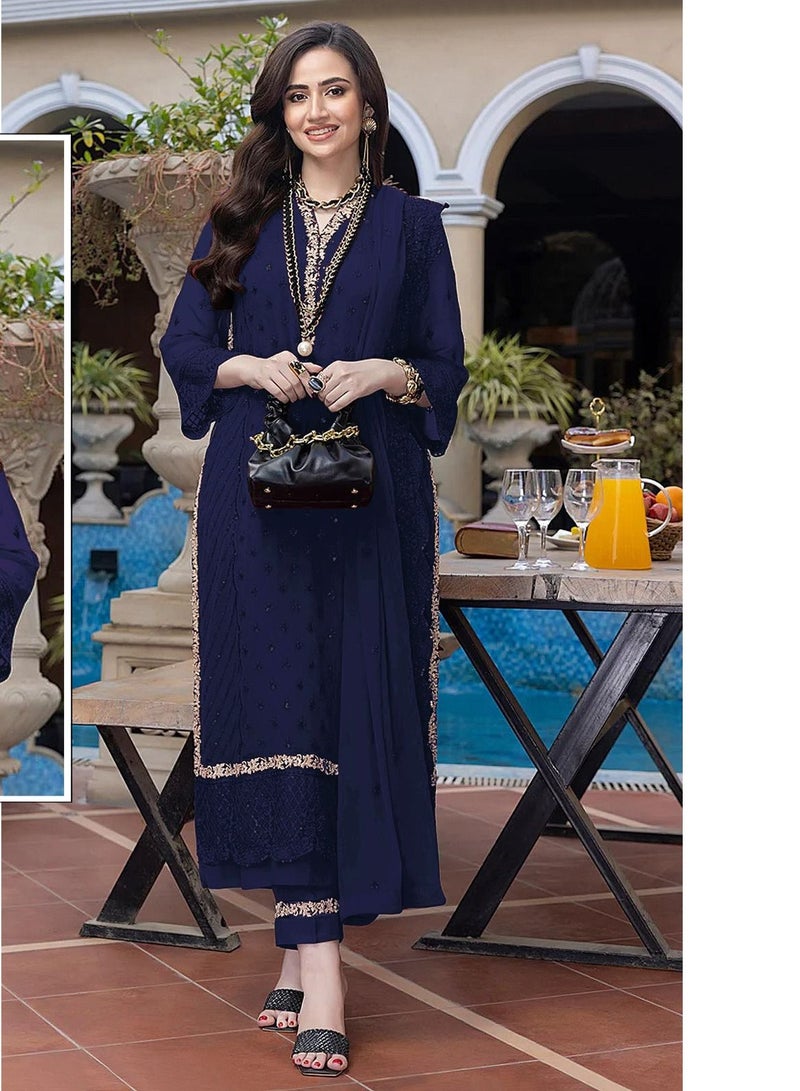 Women's Fancy Party Wear Georgette Work Semi Stitched Blue Pakistani Dress