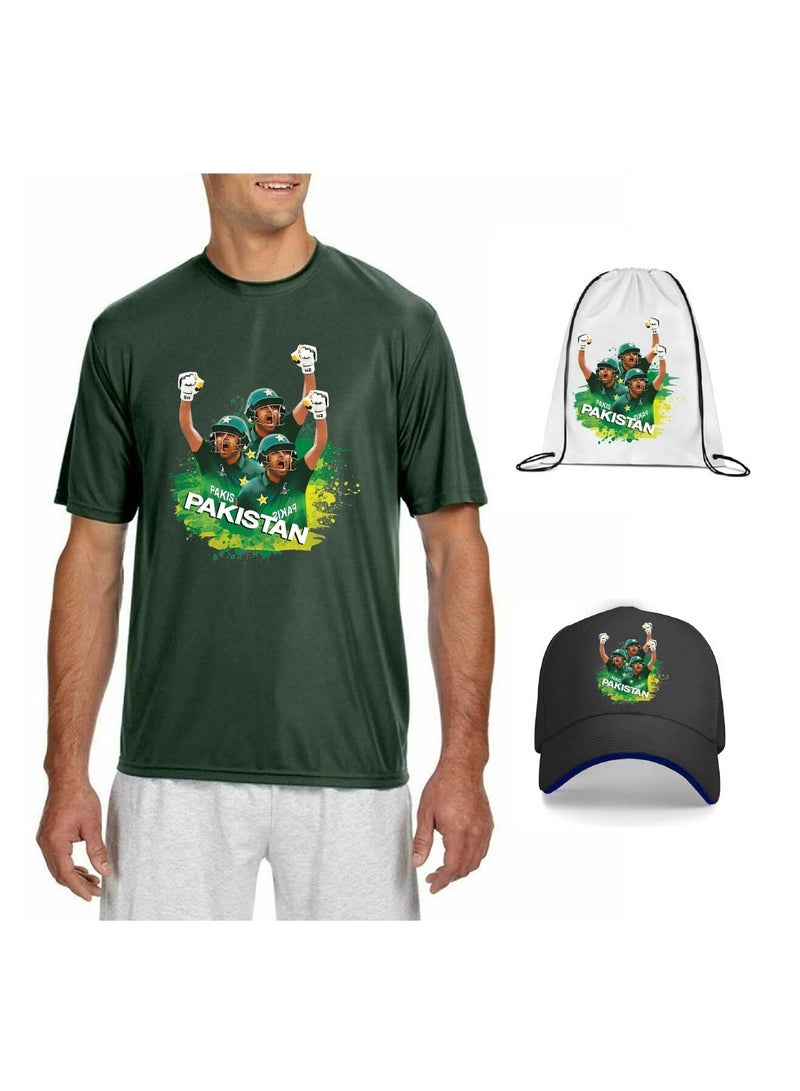 Pakistan Unisex Sports Green Jersey - T-shirt, Drawstring Bag, Cap, and Scarf - Perfect for Pakistan Cricket Fans and Cricket Lovers
