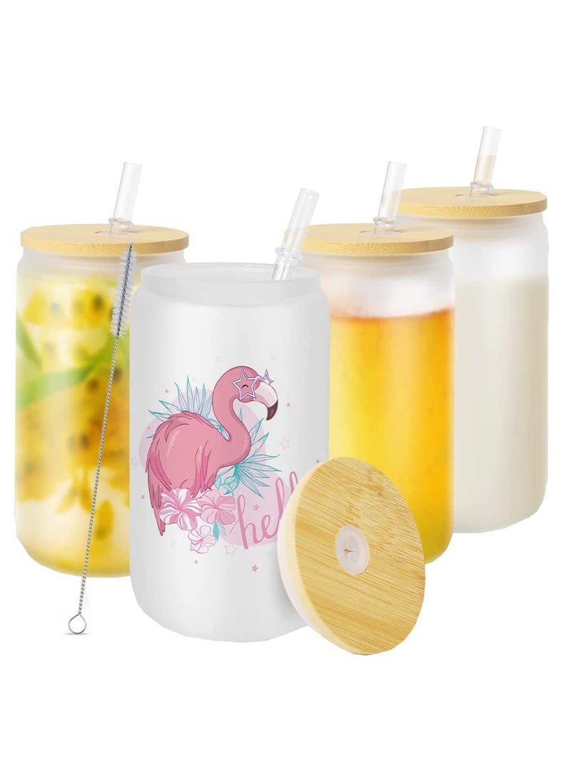 Sublimation Glass Blanks with Bamboo Lid 350ML Frosted Sublimation Can Glass Sublimation Glass Tumblers for Iced Coffee Juice Soda Drinks (4 PACK)