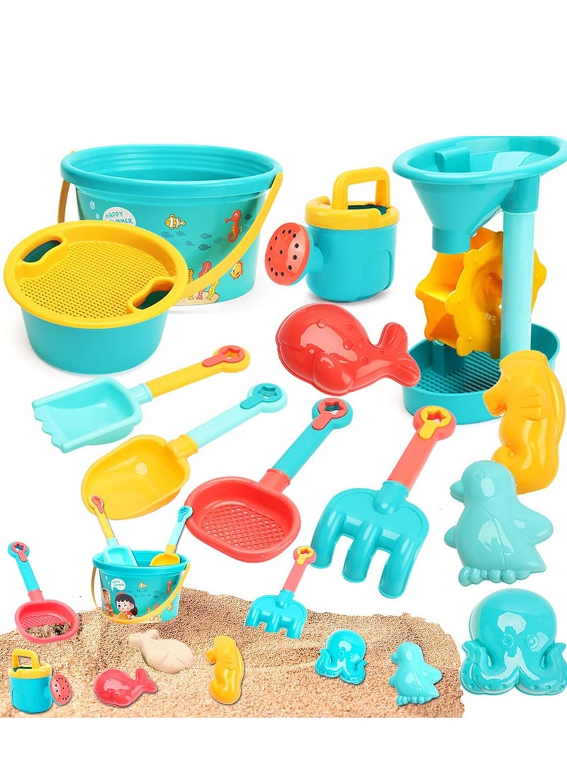 13PCS Sand Toys with Bucket,Watering Can,Shovels,Rakes,Sea Animal Molds, Outdoor Fun Beach Sand Toy for Toddler Boys Girls