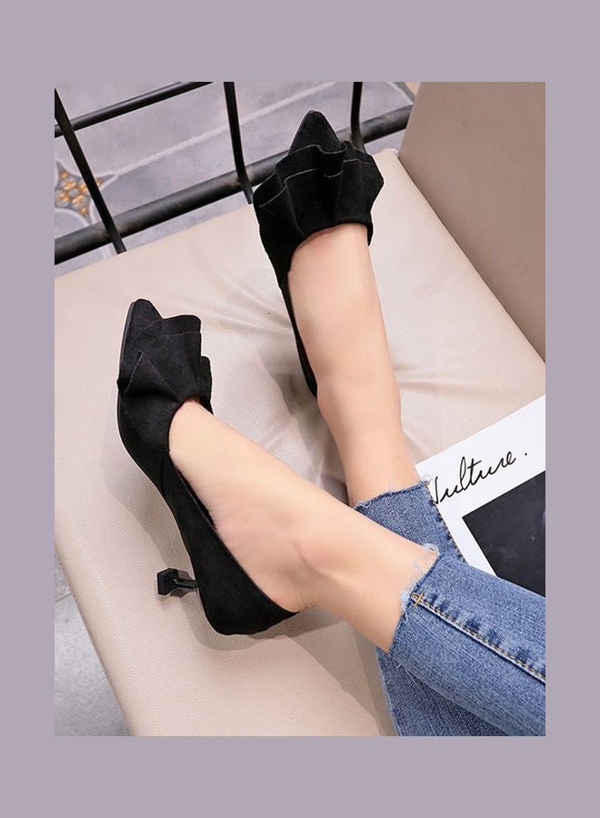 Pointed Toe Ruffles Design Thin Heel Low Cut Elegant Sweet Pumps Black