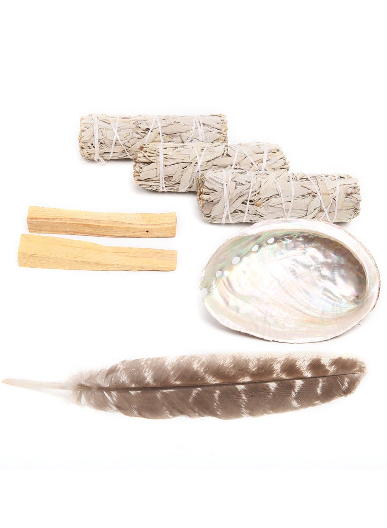 Home Cleansing & Smudging Kit with White Sage, Palo Santo, Abalone Smudge Feather & Guide - Smudge Kit with Sage Smudge Sticks