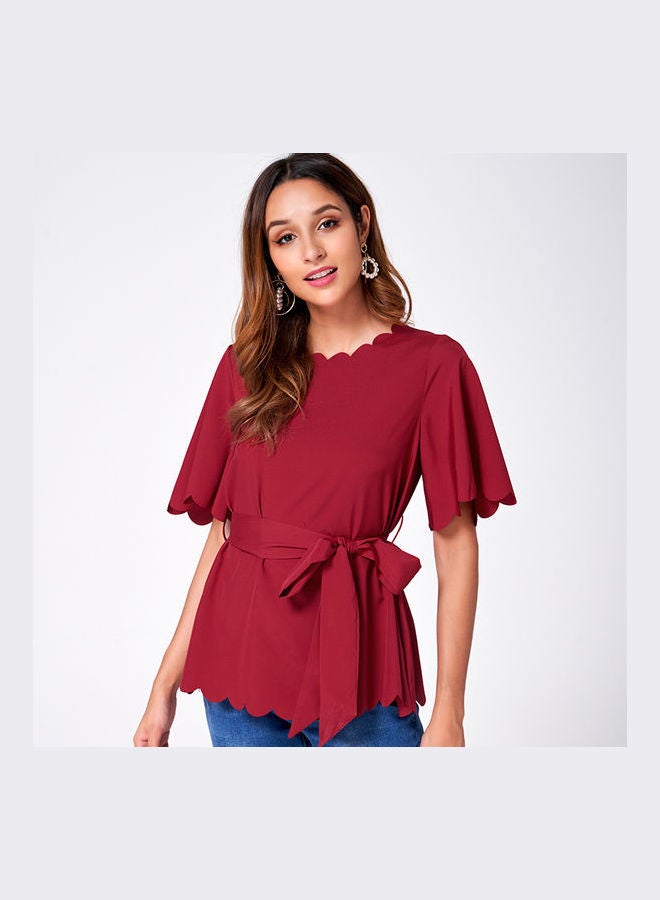 Women's Blouse Loose Solid Colour Flare Sleeve O Neck Shirt Dark red