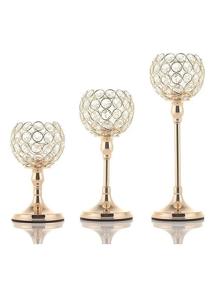 Crystal Candle Holders for Dining Table Centerpiece Decor, 3Pcs Tealight Candlestick Holder Gold for Party, Holiday, Home Decor(4-inch Big Candle Bowl)