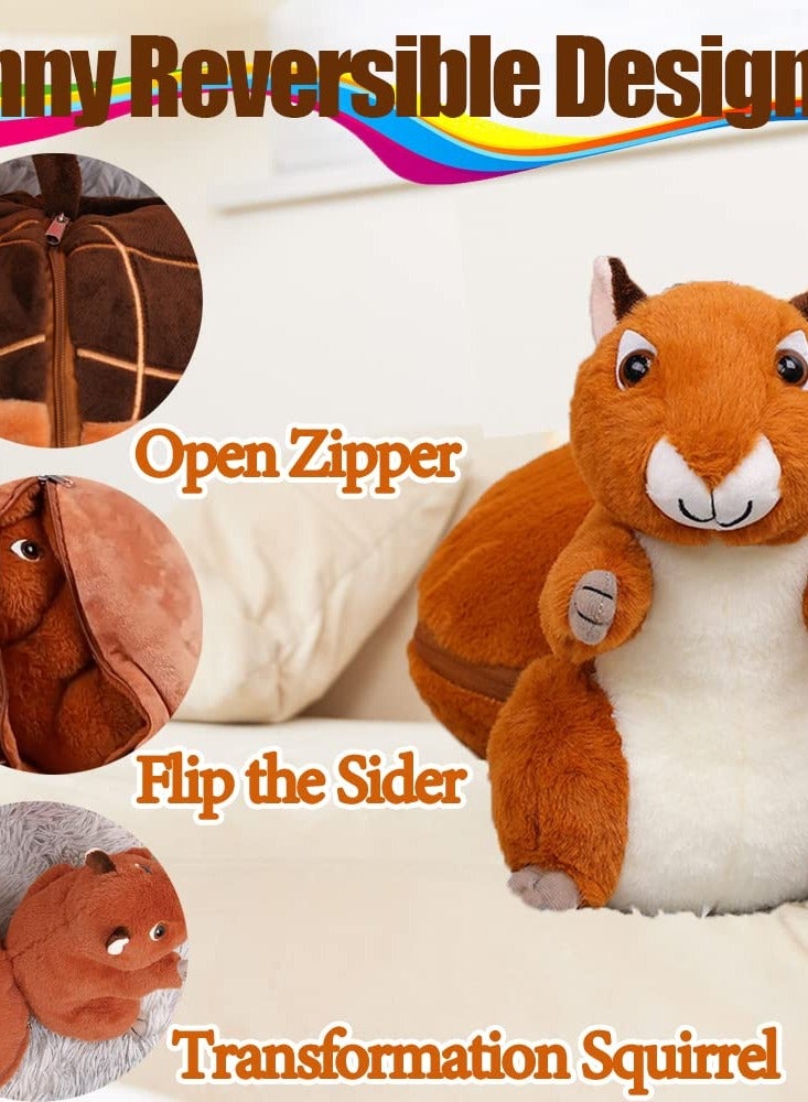 Squirrel Stuffed Animal, 10'' Plush Squirrel in Nut Bag with Zipper, Reversible Squirrel Plush Toy Pillows for Kids - Cute Room Decor and Gifts for Kids, Girls, Boys