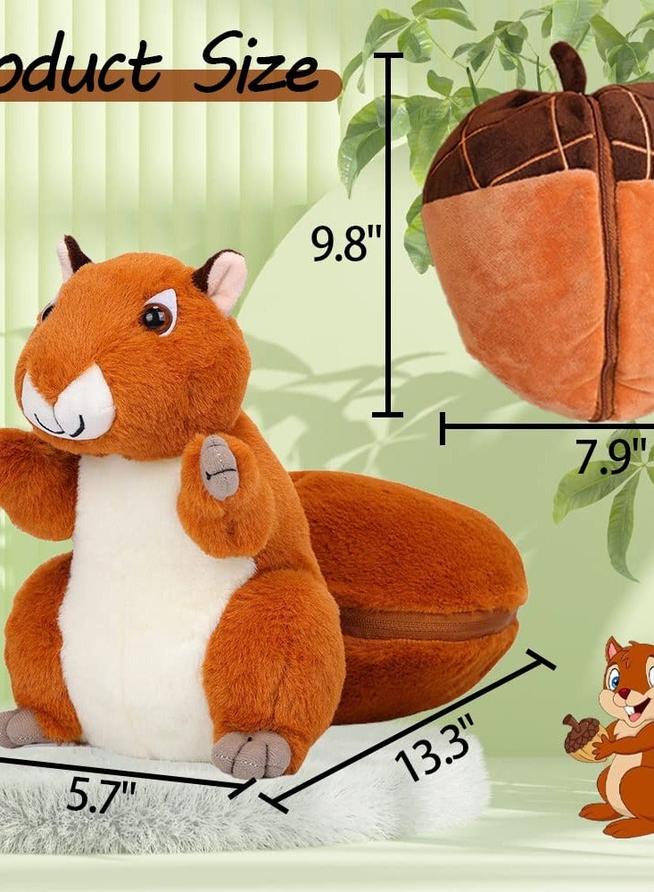Squirrel Stuffed Animal, 10'' Plush Squirrel in Nut Bag with Zipper, Reversible Squirrel Plush Toy Pillows for Kids - Cute Room Decor and Gifts for Kids, Girls, Boys