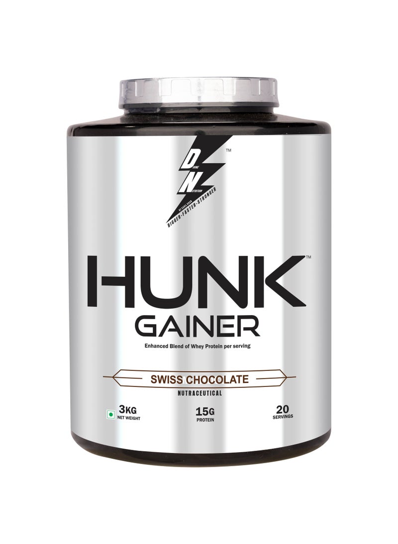 Hunk Gainer Swiss Chocolate 3Kg with 115g Carbs & 15g High Protein Gainer Powder with 3g Creatine Monohydrate Build & Improves Muscle Growth and Strength 20 Servings