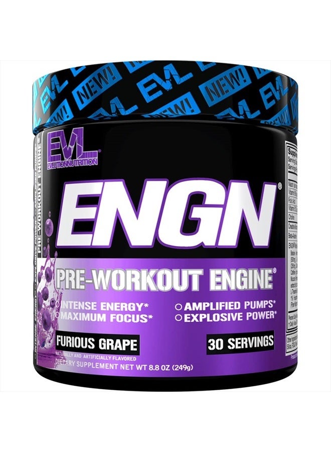EVL Intense Pre Workout with Creatine - Pre Workout Powder Drink for Lasting Energy Focus and Recovery - ENGN Energizing Pre Workout for Men with Beta Alanine Caffeine and L Theanine (Furious Grape)