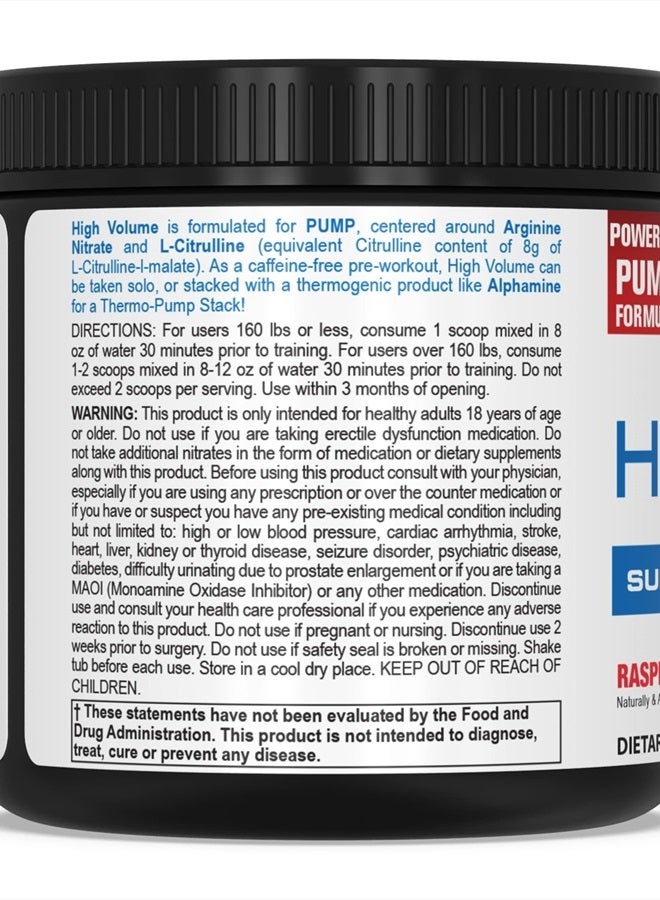 High Volume Nitric Oxide Booster Pre Workout Powder with L Arginine Nitrate, Raspberry Lemonade, 36 Scoops, Caffeine Free
