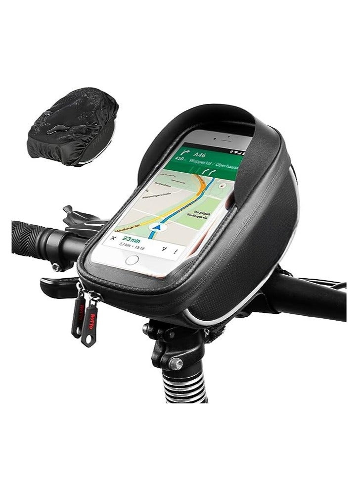 Bike Phone Holder Waterproof, Mountain Handlebar Bag Phone Holder for Detachable Bike Phone Mount Bag with Touch Screen Sun Visor and Rain Cover for Phone