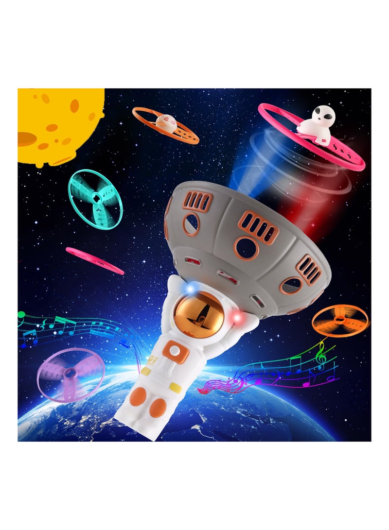 LED Astronaut Flying Disc Launcher with Sounds, Flying Saucer and Gyro Mode with 2 Alien Shape and 4 Regular Flying Saucer, Indoor Outdoor Toys for Kids Ages 3-5, Brown