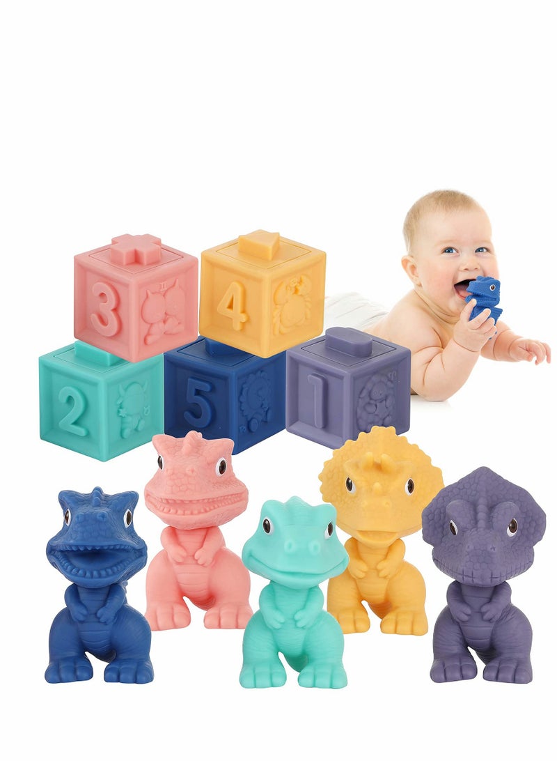Baby Soft Blocks, Stacking Building Blocks, Teething & Squeezing Dinosaur Toys for Babies, Montessori Blocks with Numbers Animals Fruits, Soft Baby Toy for Baby Infants Toddlers Age 6 to 12 Months Up
