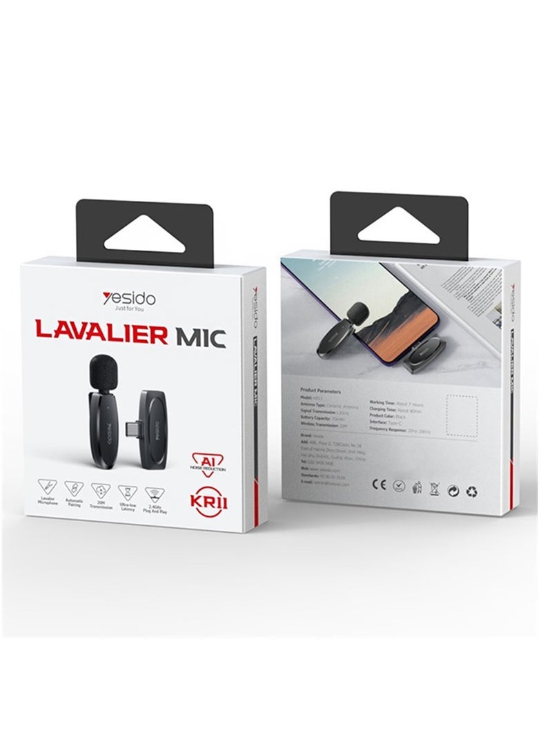 Lavalier Mic Kr11 Noise AI Reduction Best Microphone For Vlogers Black