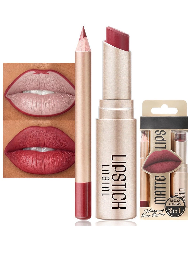 2 Pcs Lipstick Lip Liner Set, Matte lip gloss, Nude lip stain, Waterproof Long Lasting Lipstick, High Pigmented Non-Stick Cup Lipsticks For Women,Velvet Pink Lip Tint Stain Lip Balm