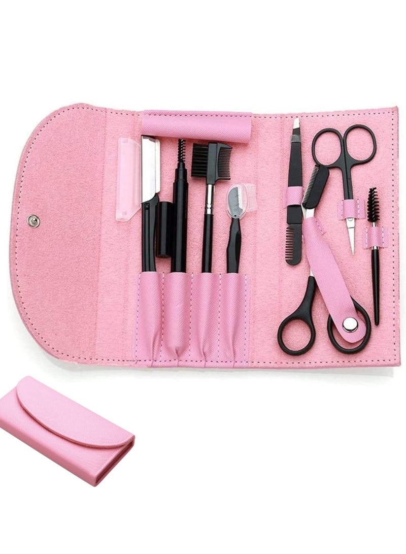 8 Pcs Professional Eyebrow Shaping Grooming Kit, Eyebrow Scissors Eyebrow Pencil, Eyebrow Brush Trimmer Brush Beauty Tools Set With Leather Bag Eyebrow Grooming Kit For Women And Men, Pink