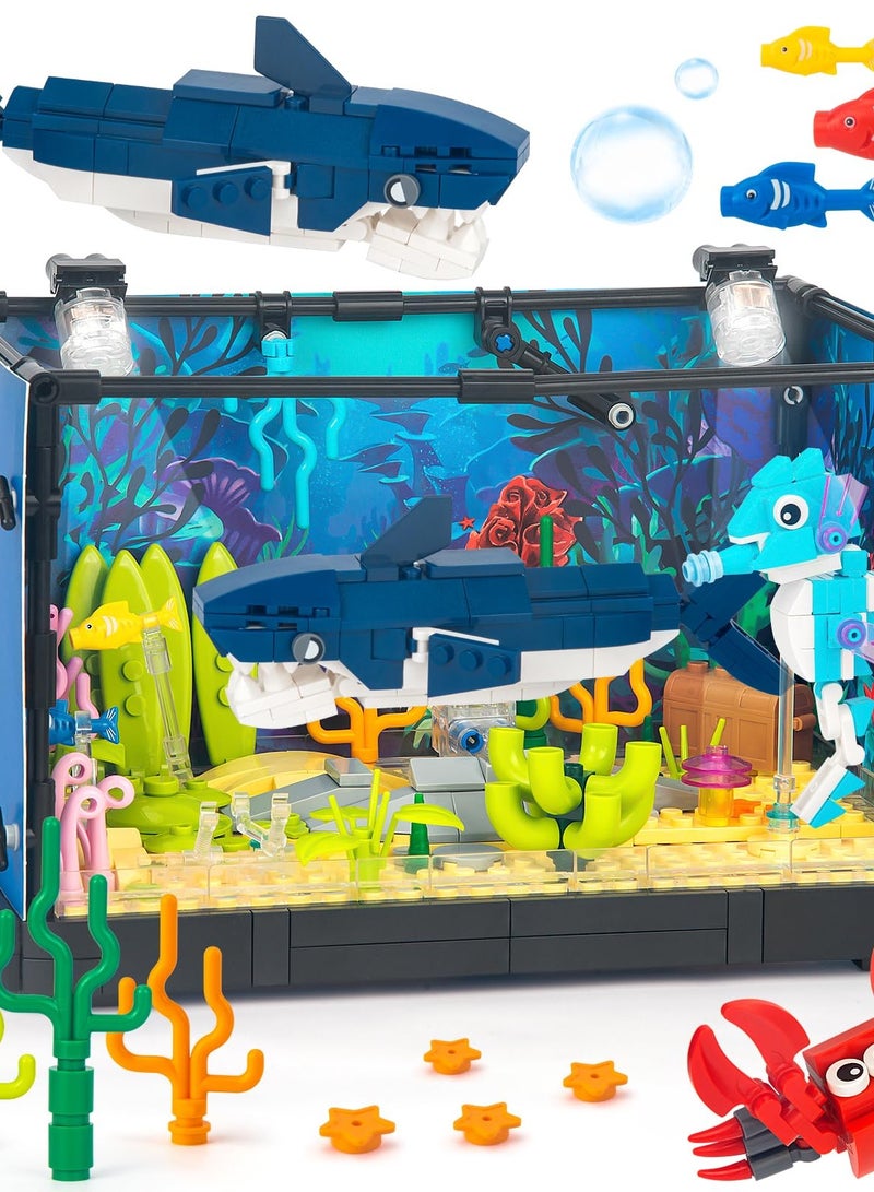 Fish Tank Building Set, Creative Fish Aquarium with Shark, Collectible DIY Toy for Adults, Boys, and Girls Ages 8+, Includes Light, 648PCS.