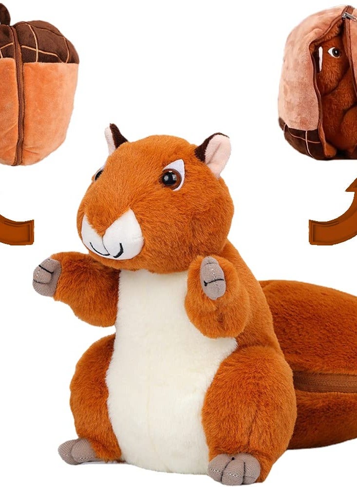 Squirrel Stuffed Animal, 10'' Plush Squirrel in Nut Bag with Zipper, Reversible Squirrel Plush Toy Pillows for Kids - Cute Room Decor and Gifts for Kids, Girls, Boys