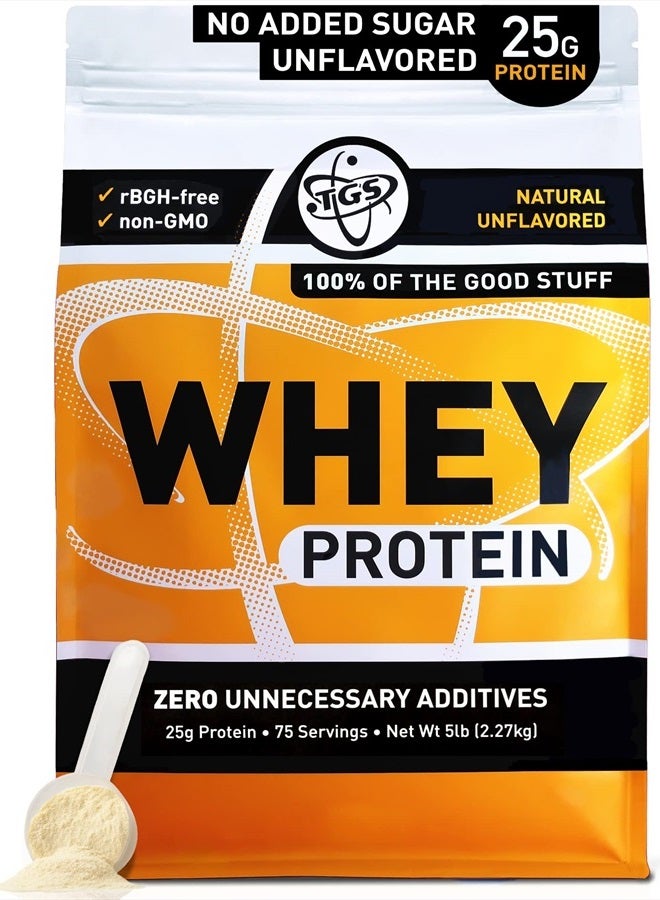 TGS 100% Whey Protein Powder Unflavored, Unsweetened, Keto Friendly - 5lb - All Natural, Low Carb, Low Calorie, Soy Free, Gluten Free, Made in USA